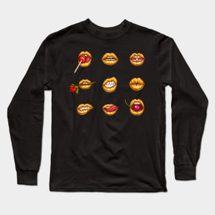 Hot golden Lips Mood Mouths Bite Tongue Out Smile Smirk Kiss Long Sleeve T-Shirt